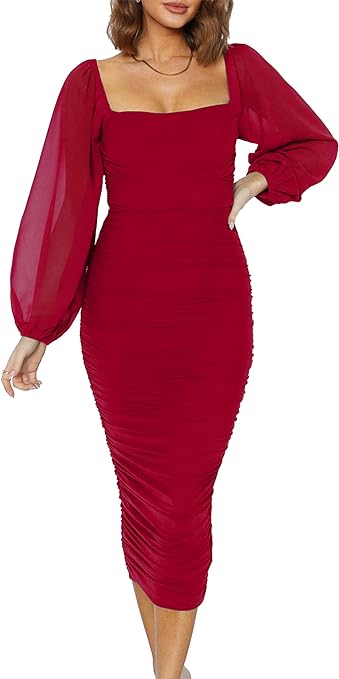 MASCOMODA Women's 2024 Long Puff Sleeve Ruched Midi Bodycon Dress Sexy Mesh Wedding Guest Party Cocktail Dresses