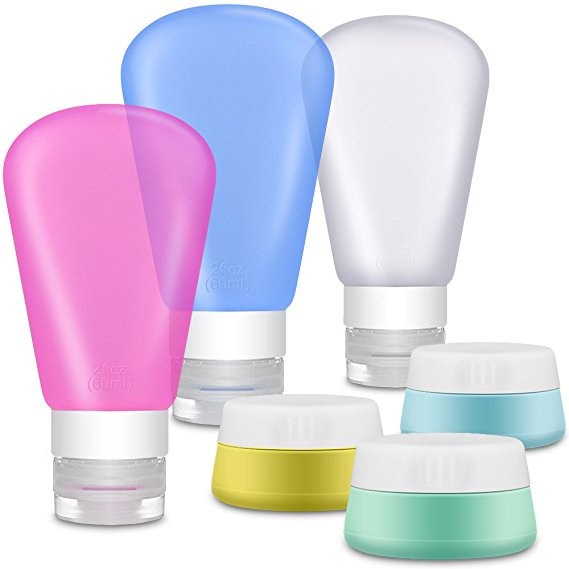 Portable Soft Silicone Travel Set - IHUIXINHE 6 Refillable TSA Approved 60ml Silicone Travel Bottles and 20ml Silicone Cream Jar for Liquids - BPA Free for Shampoo, Conditioner, Lotion, Toiletries