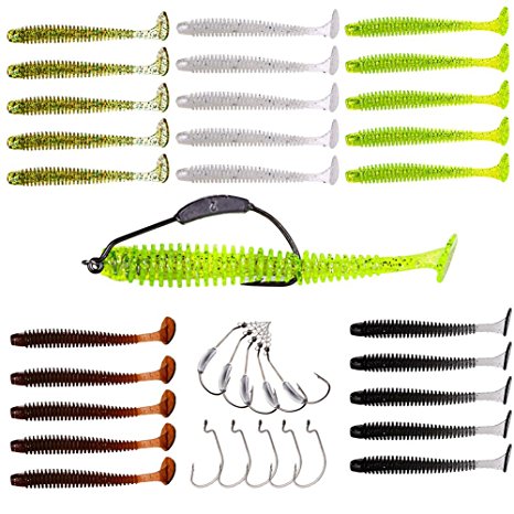 Fishing Lures for Bass Trout Walleye Paddle Tail Swimbaits Fishing Worms with Weighted Fishing Hooks for Freshwater and Saltwater Fishing with FREE Tackle Box