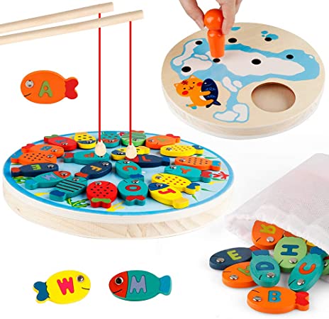 D-FantiX Wooden Magnetic Fishing Game, Fine Motor Skill Toddler Toy Alphabet Color Sorting Magnets Catching Fish Toy with Poles Montessori Educational Preschool Learning Toys for 3 4 5 Year Boys Girl