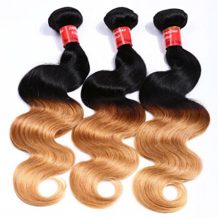 Brazilian Virgin hair, Exbe Hair Brazilian Ombre Virgin Hair 14 16 18 Inch Body Wave Weft Mixed Bundles 100% Human Hair Extensions #1b/27 Color