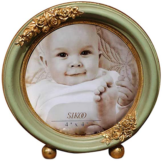 SIKOO 4x4 Mini Vintage Distressed Round Picture Frame Baby Tabletop and Wall Hanging Family Photo Frame Antique Home Decor,  Green