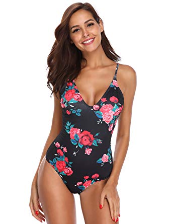 MarinaVida Women V-Neck One Piece Swimsuit Floral Print Bathing Suit