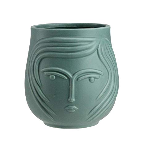 5” Green Contemporary Whimsical Decorative Female Face Ceramic Planter