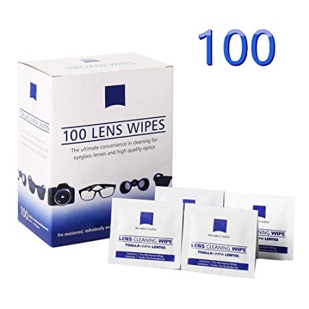 Lens Cleaning Wipes, Pre-moistened Cleansing Cloths - Quick Cleans Eyeglasses, Tablets, Camera Lenses, Screens, Keyboards and Other Delicate Surfaces - 100 Individually Wrapped