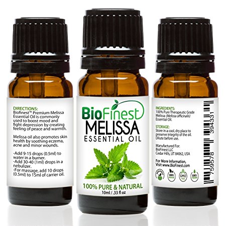 Biofinest Melissa Essential Oil - 100% Pure Undiluted, Premium Organic Therapeutic Grade - Best for Aromatherapy, Ease Stress Headache Indigestion Muscle Sore Acne Wounds Cuts - FREE E-Book (10ml)