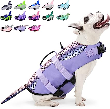 Dog Life Jacket, Adjustable Dog Life Vests Pet Life Preserver with Rescue Handle for Small Medium Large Dogs, Safety Lifesaver High Visibility Dog Swimsuit for Swimming Boating, Purple Mermaid XL