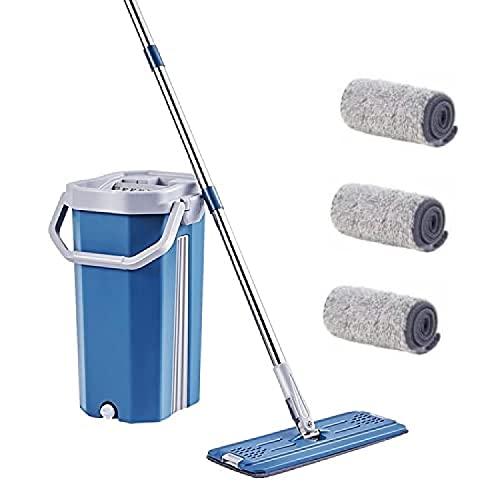 WET AND FORGET Upgraded Hands-Free Squeeze Microfiber Flat Spin Mop System 360 Flexible Head (38X12.5 cm) with 1 Super-absorbent Microfiber Pads, 59.8'' Extended Stainless Steel Handle