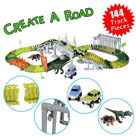 [Upgraded Version] Race Track Dinosaur World,Bridge Create A Road 144 Piece New Jurassic Park Toys & Flexible Track Playset,Two Toy Cars,Two Dinosaurs,Wooden Bridge,Cage, Plastic Roll Ball More Access