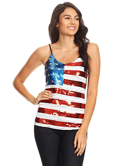 Anna-Kaci Womens Patriotic USA Flag American Sequin V Neck Cami Tank Top