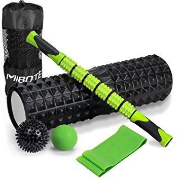 MIBOTE Foam Roller, 6-In-1 18" Foam Roller Kit with Long Muscle Roller Stick, 2 Massage Balls and Resistance Exercise Band For Self Massage Yoga Crossfit Myofascial Release Physical Therapy