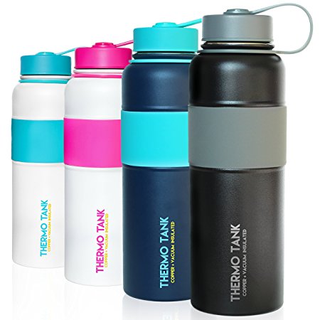 Thermo Tank Insulated Stainless Steel Water Bottle - Ice Cold 36 Hours! Vacuum   Copper Technology - Rubber Grip, SS Inner Lid - 40 Ounce