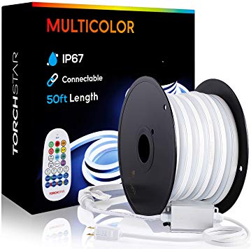 TORCHSTAR 50ft RGB Outdoor Neon Rope Light, IP67 LED Waterproof Strip Light, 12V (150ft Max) Linkable for Indoor & Outdoor Ambient Decoration, Multi-Color
