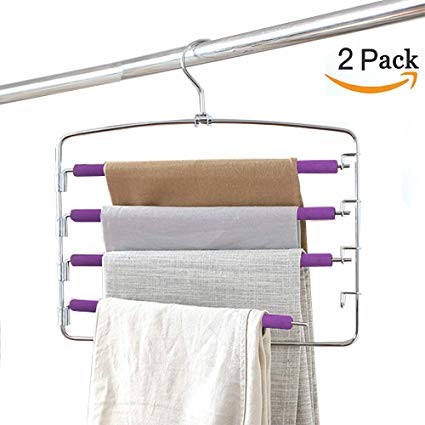 Clothes Pants Hangers 2pack - Multi Layers Metal Pant Slack Hangers,Foam Padded Swing Arm Pants Hangers Closet Storage Organizer for Pants Jeans Scarf Hanging(Purple)