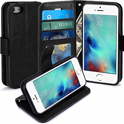 iPhone SE Case, LK iPhone SE Wallet Case, Luxury PU Leather Case Flip Cover with Card Slots & Stand For Apple iPhone SE, BLACK