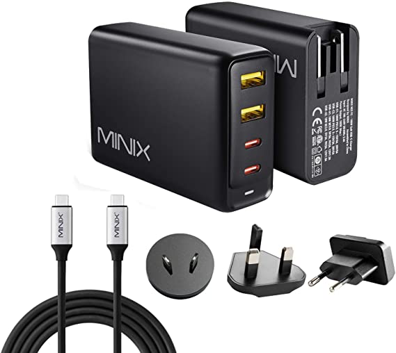 MINIX NEO P2 100W Turbo 4-Port GaN Wall Charger 2 x USB-A 3.0, 2 x USB-C with 4 Feet (120cm) USB-C to USB-C Cable for MacBook, Windows Laptop, iPad, and Smartphone. Sold Directly by MINIX.