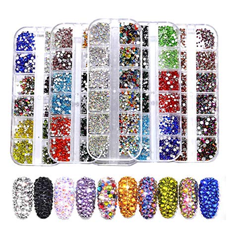 BLINGINBOX Nail Art Rhinestones 3300pcs Multi-size Glass 2 Boxes Mixed Colors Flatback Crystal Strass Charm Gems Manicure Nail Art Decorations(Set 6)