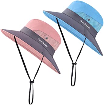 Cooraby Women Summer Sun Hat Ponytail Hole Cap Wide Brim Adjustable Hat