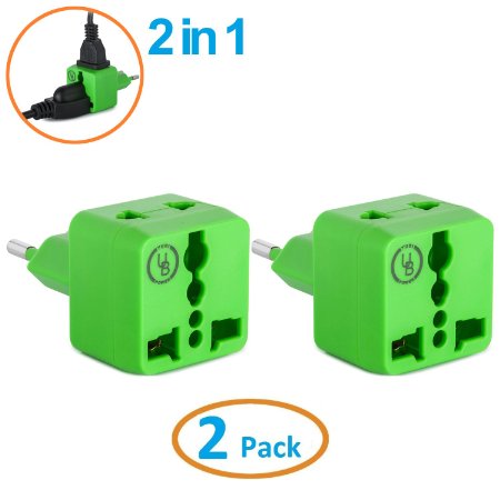Yubi Power 2 in 1 Universal Travel Adapter with 2 Universal Outlets - Built in Surge Protector - Green - Type C for France, Germany, Hungary, Portugal, Russia, Spain, Sweden, Egypt, Turkey, and more!