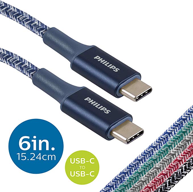 Philips 6 in. USB Type C Cable, USB-C to USB-C Blue Durable Braided Fast Charging Cable, Compatible with iPad Pro, MacBook Pro, Samsung Galaxy S10 S9 Note 9 8 S8 Plus, DLC5201UC/37