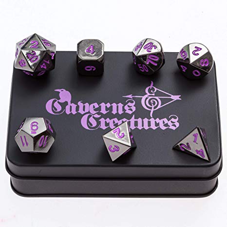 Caverns & Creatures Black Metal RPG Dice with Purple Numbers in Stylish Tin Display Case