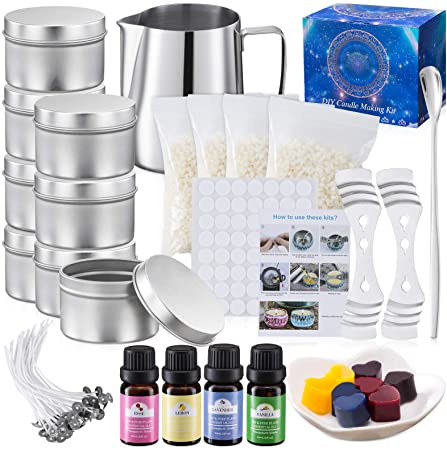 Onebird DIY Candle Making Kit Supplies, Arts & Craft Tools Including Pouring Pot, Cotton Wicks, Candle Wicks Holder, Beeswax, Essential Oil,Wax Cubes,Spoon & Candles tins
