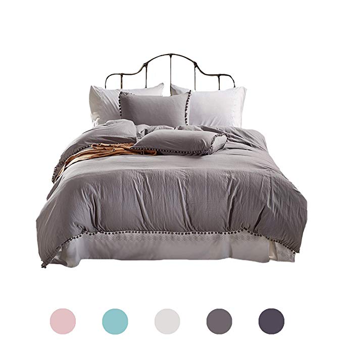 MOVE OVER 3 Pieces Grey Bedding Light Grey Duvet Cover Set Ball Fringe Pattern Design Soft Grey Bedding Set Queen One Duvet Cover Two Pillowcases (Queen, Light Grey)