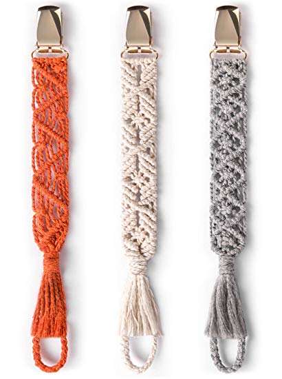 Mkono Macrame Baby Pacifier Clips,3 Pack Pacifier Soothies Teething Ring Holder for Boys and Girls Braided Pacifier Leash &Teething Toys-Best Baby Shower Gifts(Orange,Gray,Ivory)