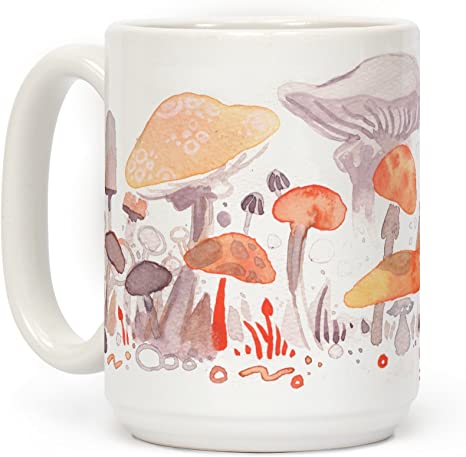 LookHUMAN Mushroom Garden Pattern White 15 Ounce Ceramic Coffee Mug