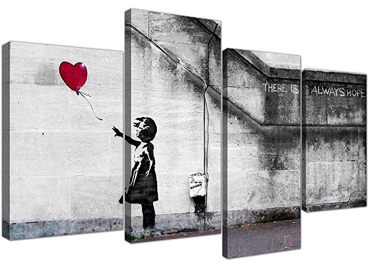 Large Banksy Balloon Girl Canvas Wall Art - Red Heart Split Set 4 Pictures - 130cm / 51" Wide - Prints - There is Always Hope