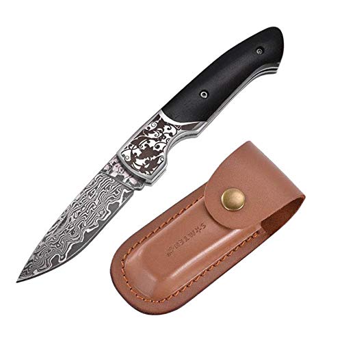 VG10 Damascus Steel Folding Camping Pocket Knife 3" Blade 4" Folded 7" Open with Leather Sheath