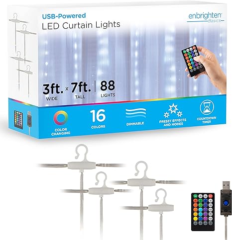 Enbrighten Basics LED Curtain Lights, USB Powered, Color Changing, Fairy Lights with Remote, 16 Colors, 7 Seasonal Lighting Modes, Perfect for Bedroom, Living Room, Play Room and More, 70513-T1