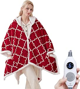 Westinghouse Heated Throw Blanket Wearable Shawl, Electric Wrap Poncho Blanket Hoodie with 6 Heating Levels & 2-10 Hours Time Settings, Winter Gifts for Mom Girlfriend Grandma, 50x60 Inch, Red