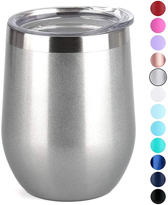 SUNWILL Insulated Wine Tumbler with Lid (Pearlized Silver), Stemless Stainless Steel Insulated Wine Glass 12oz, Double Wall Durable Coffee Mug, for Champaign, Cocktail, Beer, Office use