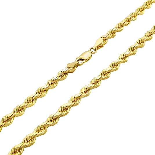 Nuragold 14k Yellow Gold 4mm Solid Rope Chain Diamond Cut Pendant Necklace, Mens Jewelry Lobster Lock 18" 20" 22" 24" 26" 28" 30"