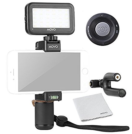 Movo Smartphone Video Kit V5 with Grip Rig, Mini Microphone, LED Light & Wireless Remote - for iPhone 5, 5C, 5S, 6, 6S, 7, 8, X (Regular and Plus), Samsung Galaxy, Note & More