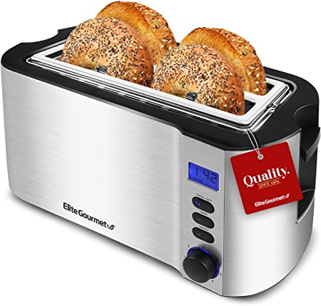 Elite Gourmet ECT4400B# Long Slot Toaster, Countdown Timer, Bagel Function, 6 Toast Settings, Defrost, Cancel Functions, Slide Out Crumb Tray, Extra Wide Slots for Bagels Waffles, 4 Slice, Stainless