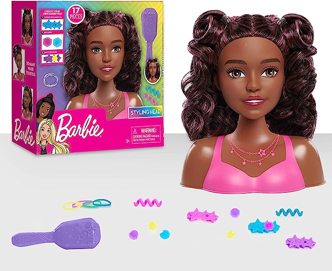 Barbie Small Styling Head, Dark Brown Hair, 17-pieces, Pretend Play, Kids Toys for Ages 3 Up, Basket Stuffers and Small Gifts, Amazon Exclusive