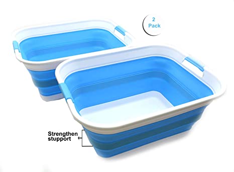 SAMMART Set of 2 Collapsible Plastic Laundry Basket - Foldable Pop Up Storage Container/Organizer - Portable Washing Tub - Space Saving Hamper/Basket (2 Rectangular - stengthen, Sky Blue)