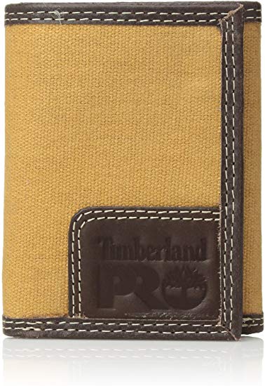 Timberland PRO Men's Canvas Leather Trifold Wallet with Zippered Pocket