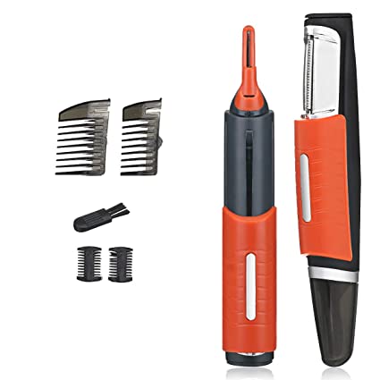 CHARMINER 2 In 1 Nose Hair Trimmer, Ear Nose Eyebrow Electronic Clippers Shaver Multi-Function Double-Headed Painless Stainless Low Noise Portable Waterproof LED for Men and Women(Orange)