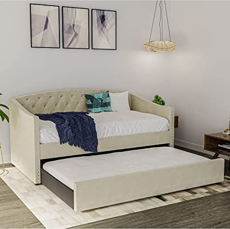 DG Casa SUVA Traditional Upholstered Daybed with Trundle Platform Frame with Diamond Button Tufting Nailhead Trim and Full Wooden Slats, Box Spring not Required-Twin Size Day Bed in Beige Fabric