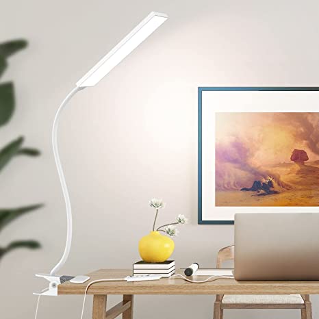 Vansuny LED Desk Lamp with Eye-Caring LED Light and Metal Clip, 11 Level Brightness 3 Color Modes, Power by USB Port 5W Flexible Gooseneck LED Clamp Reading Light for Home and Office (5W, White)