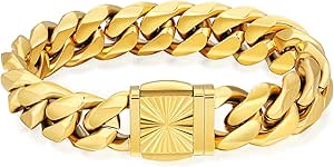 KRKC&CO 12/14mm Mens Cuban Link Bracelet, 18k Gold Plated Miami Thick Bracelet, Cross, Compass, Skulls Round, Carve Clasp, Durable Anti-tarnish Urban Street-wear Hip Hop Jewelry for Him