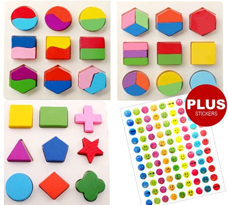 INTELLITOYZ Set of 3 Geometric Wooden Puzzles for Toddlers and Babies to learn Math, Shapes & Color Recognition with BONUS stickers