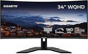 GIGABYTE - G34WQCP - Pro Version - 34" VA Curved Gaming Monitor - WQHD 3440x1440-180Hz - 1ms MPRT - AMD FreeSync Premium - HDMI, DP, Type C - Height Adjustable - Black