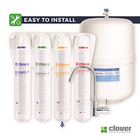 Clover Easy-Install Compact Reverse Osmosis Drinking Water Filter System, 5-Stage in 4 Filters (Includes Quick-Connect Fittings, Mineral Filter, Quick-Change Filters, Ice-maker Kit and 20’ Tubing)