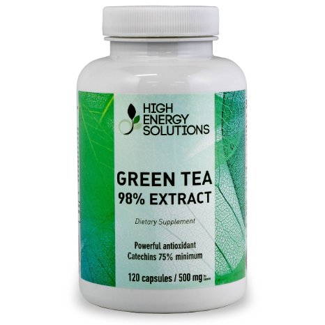 Green Tea 98% Extract - 500 mg - Value Sized - 120 Capsules 45% ECGC 75% Polyphenols Minimum, Natural Caffeine - Supplement By High Energy Solutions - GMP - USA - 100% Guarantee