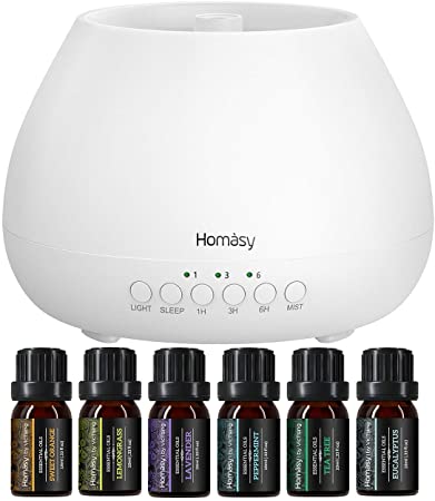 Homasy 500ml Essential Oil Diffuser & Top 6 Essential Oils Set, Aroma Diffuser with 8 Color Night Light & Timer Setting, Fragrant Air Purifier for Home, Bedroom, Living Room, Office-White