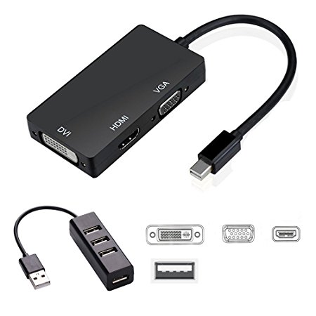 Mini DisplayPort Thunderbolt 2 to HDMI/DVI/VGA Adapter and 4 USB 2.0 Hub Combo For Macbook Pro , Microsoft Surface Pro 2 Pro 3 Pro 4 and Book, Lenovo x1 Carbon Alienware 14 17 18 Chromebook - Black